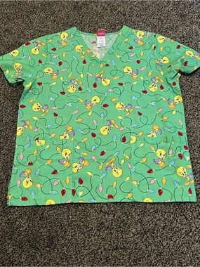 Women's Green Tweety Print V-Neck Scrub Top